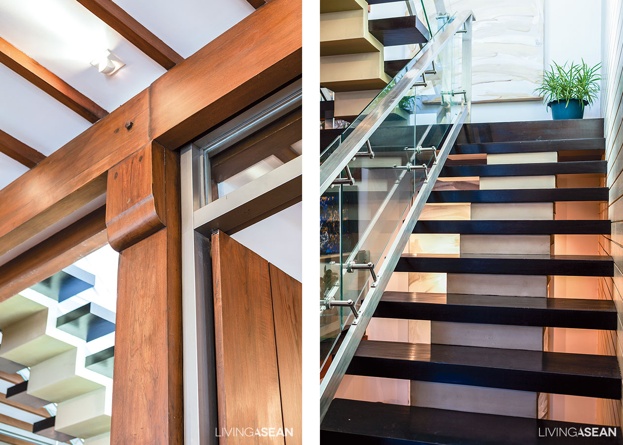 [Left] The upright structural support is crafted of wood posts. Where appropriate, all sharp edges are removed. / [Right] To create a light and airy feel in the interior, the stairway is built on a steel frame with glass railings. There are no risers between the treads for good ventilation. 