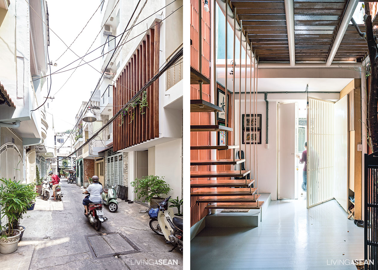 Home renovation: The project is accomplished without any concrete construction. The new second floor rests on cylindrical steel posts instead of big cement pillars.
