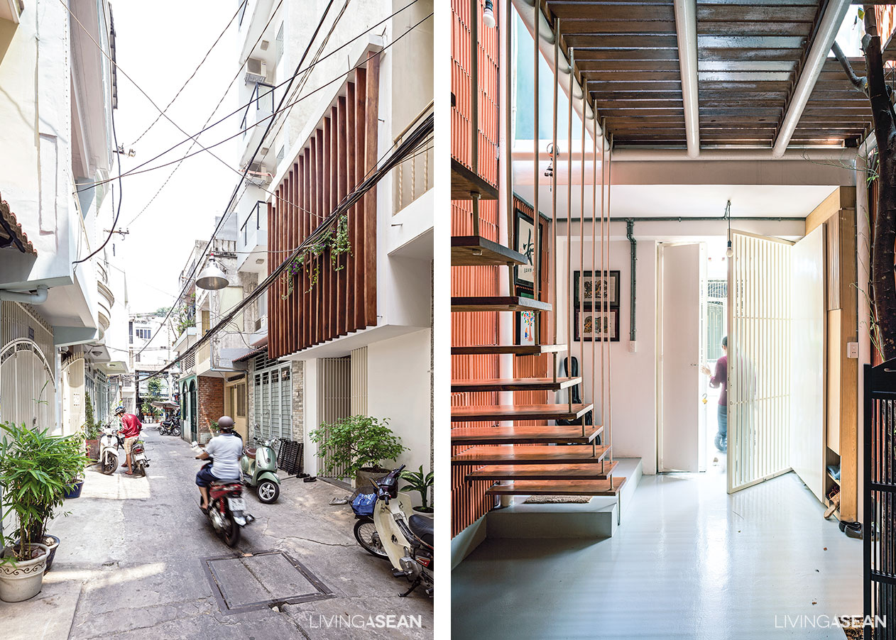 Home renovation: The project is accomplished without any concrete construction. The new second floor rests on cylindrical steel posts instead of big cement pillars. 