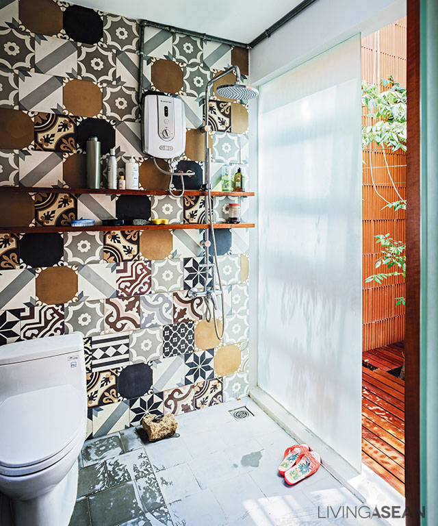 A colorful mix of tiles are reminiscent of vernacular architecture.