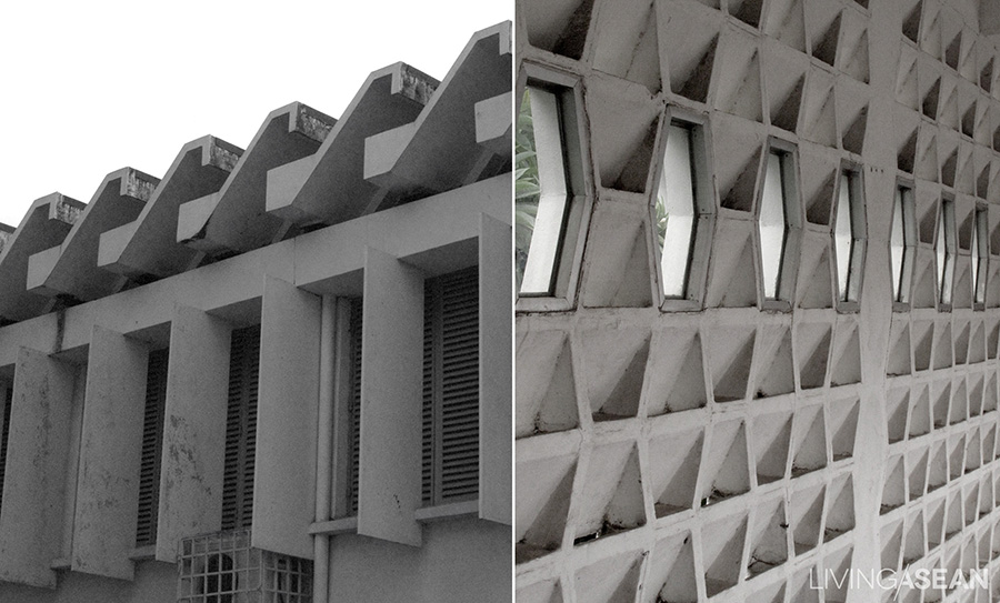 Details of light boxes a roof and a facade of the Institute of Foreign Languages group of buildings