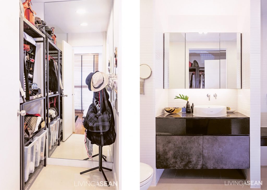 The 2-unit wardrobe has a metal frame instead of a door, since Anirut likes to see clothing inside the cabinet. /// A mirror cabinet in the bathroom adds more space for small items. Lighting is enhanced both above and below the cabinet to reduce glares. 