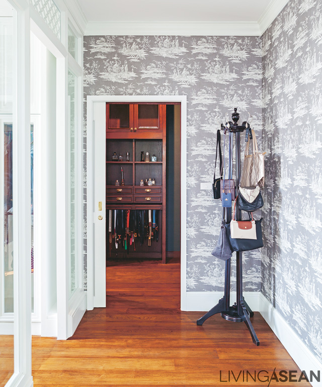 Contemporary wallpaper adds a special look to the entryway connecting the dressing area to the master bedroom. 
