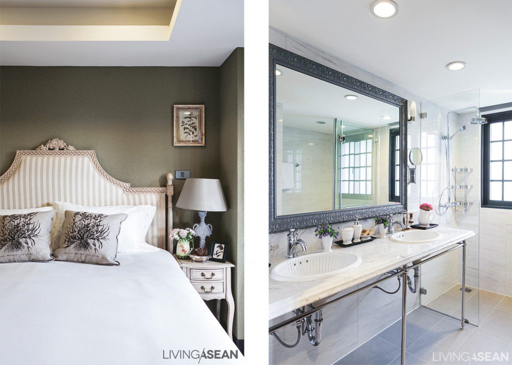 Bedroom décor on the lower floor features cream tones, with olive-green walls. /// The master bath has a double washbasin with a stylish marble countertop .