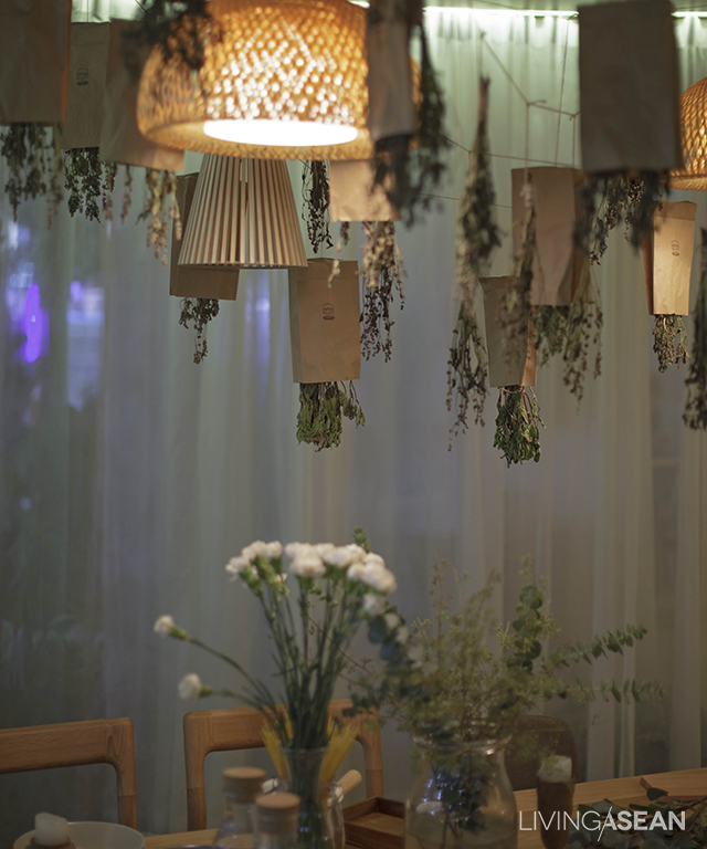 Herbal plants double its use as hanging decorations.
