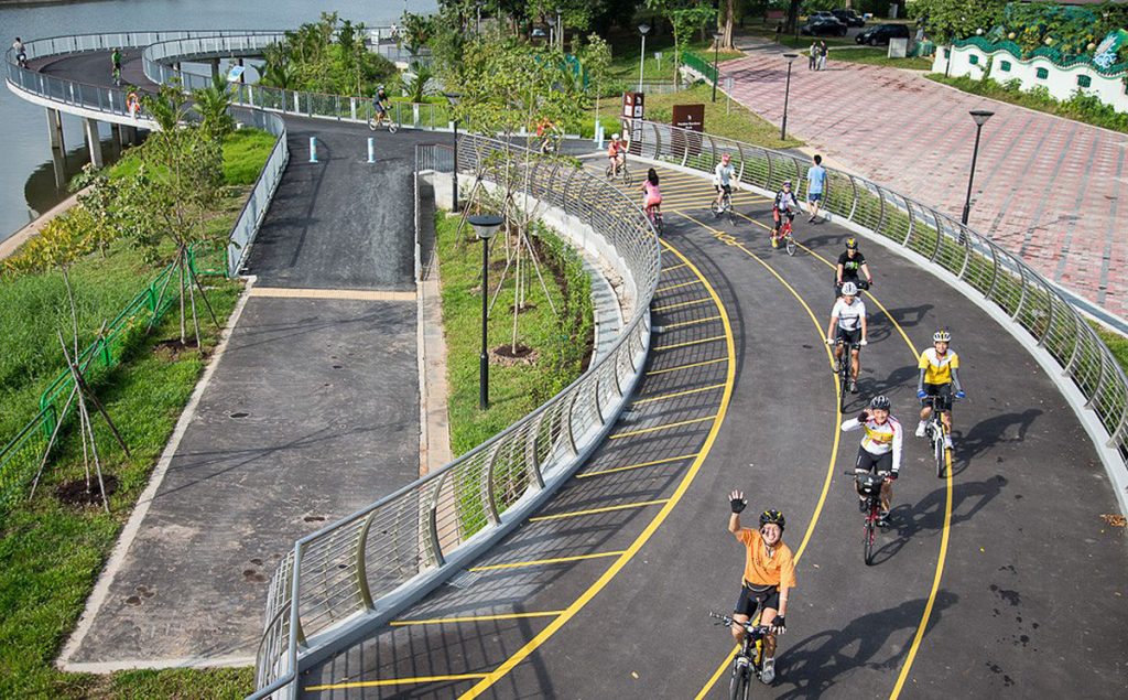 Circular roads vary from one area to another. This stretch of road is part of the Park Connector Network in Singapore.