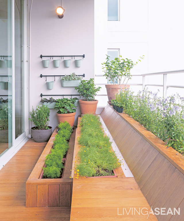 Little garden on the balcony: the family’s favorite spot, featuring a bench with planters set at different levels. 