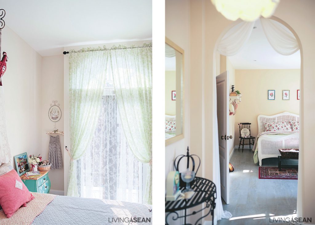 Niece’s bedroom is done in pastels and wavy cloth for a sense of sweet femininity. /// Light-colored wicker furniture pairs with flower pattern decorations for a hint of European style.