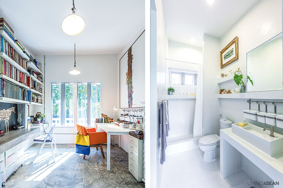 [Left] An array of tall windows maximizes natural light, makes the home seem more inviting and accentuates the vertical design. / [Right] An all-white bathroom next to the bedroom is handy for everyday use and easy to keep clean.