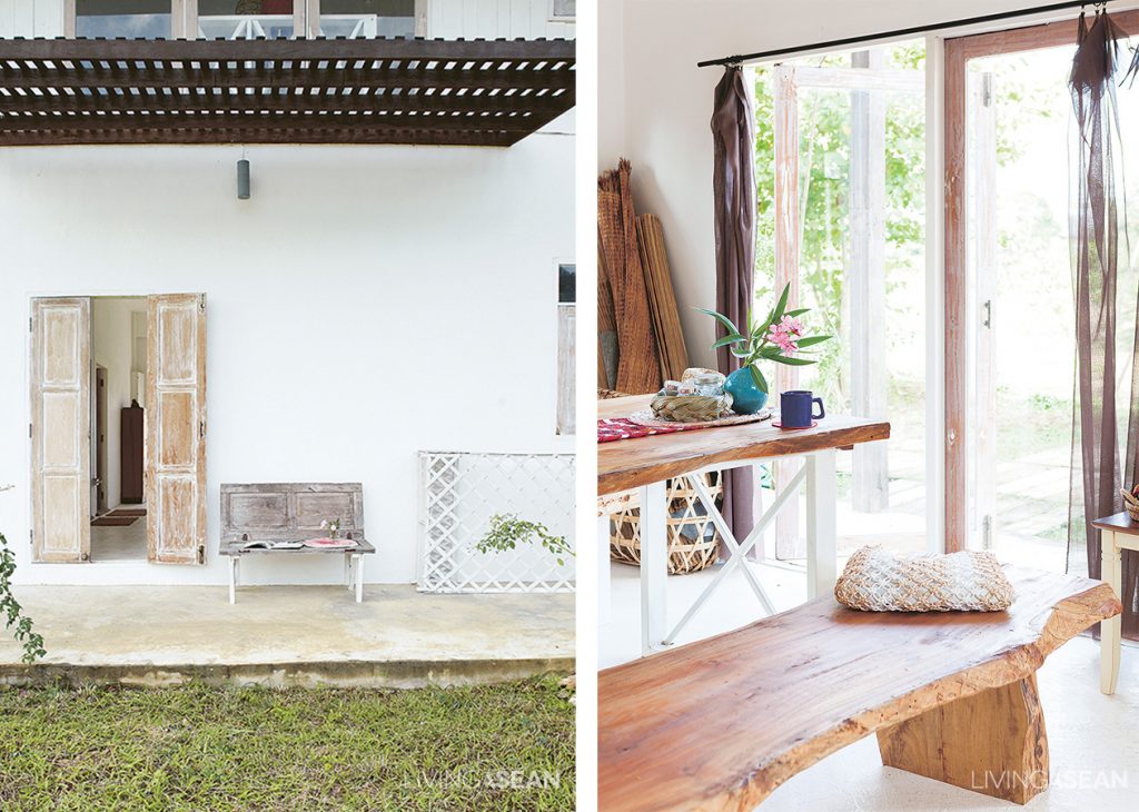 [Left] Door panels are made of wood recycled from much older homes. Nearby stands a bench seat crafted of unused materials left over from house building. [Right] A set of wood slab table and bench seat comes in free form. It is made out of a tree trunk. 