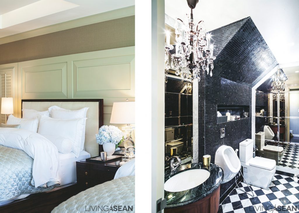 [Left] The master bedroom is furnished in a chic, fashionable way that invites relaxation. / [Right] The downstairs bathroom has a classic décor, with natural stone floor, walls, and washbasin counter. To one side, mirrors give a sense of spaciousness.
