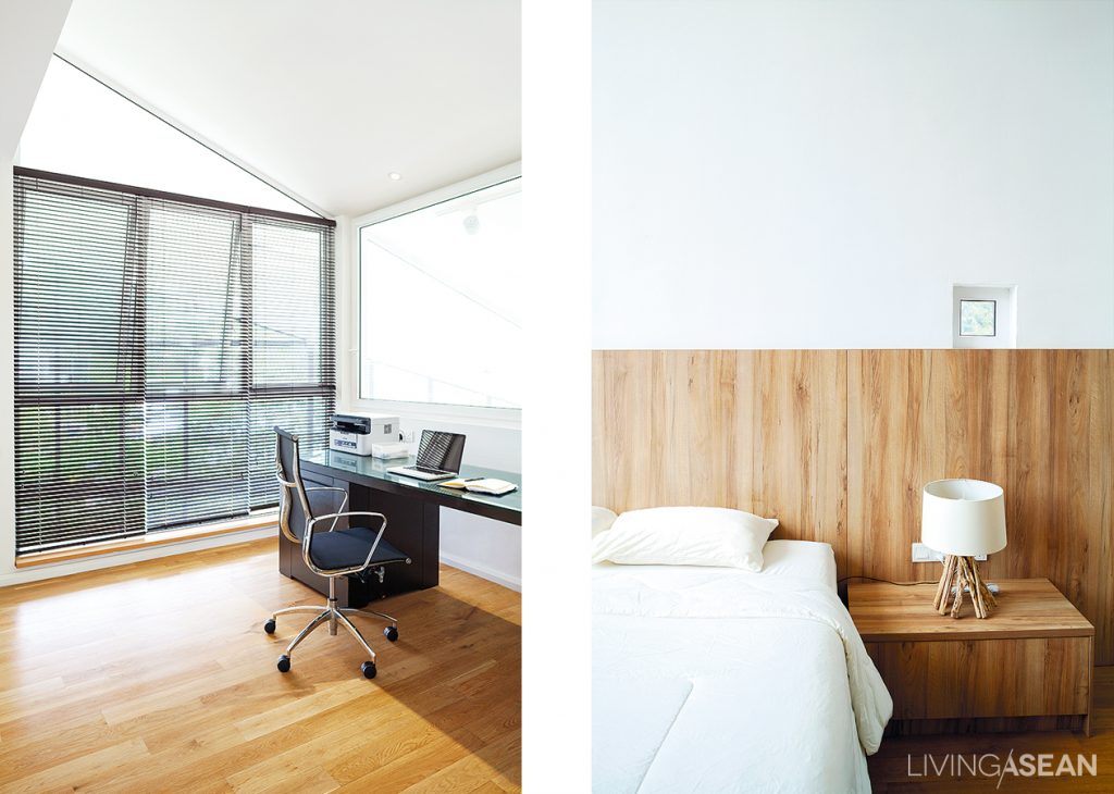 The home office offers maximum workspace, while the bedroom is cool and restful. Unmistakably very good ideas!